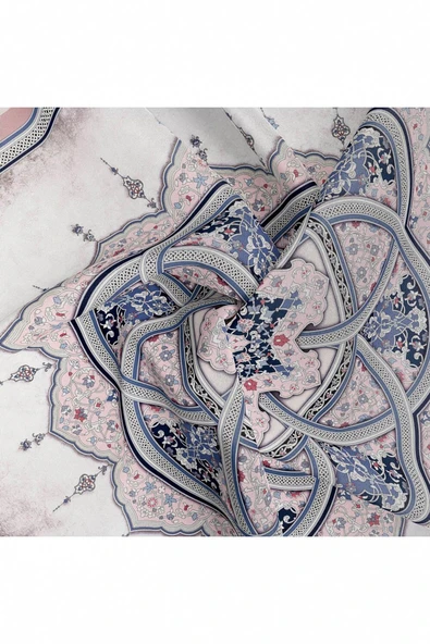 %100 Twill İpek Şal Desenli Pudra - Bebe Mavisi Renkli 90x90 Eşarp Dikim Şekli : El Dikişi - Resim 6