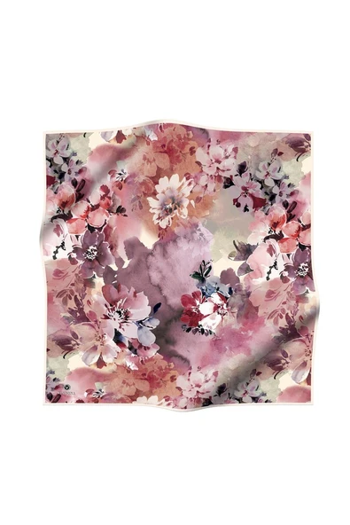 %100 Twill İpek Çiçek  Desenli Krem - Pudra Renkli 90x90 Eşarp Dikim Şekli : El Dikişi - Resim 2