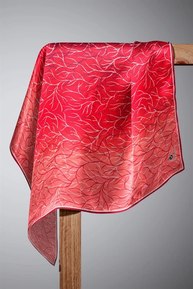 %100 Twill İpek Degrade Desenli Bordo Renkli 90x90 Eşarp Dikim Şekli : El Dikişi - Resim 6