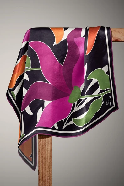 %100 Twill İpek Yaprak Desenli Taba - Mürdüm Renkli 90x90 Eşarp Dikim Şekli : El Dikişi - Resim 4