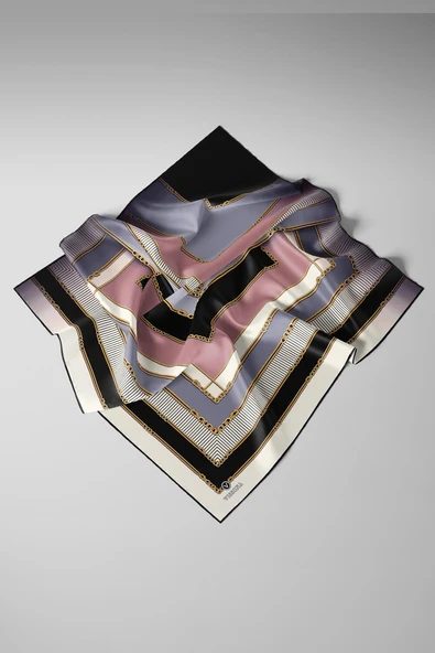 %100 Twill İpek Zincir Detaylı Geometrik Desenli Gri - Pudra Renkli 90x90 Eşarp Dikim Şekli : El Dikişi - Resim 3