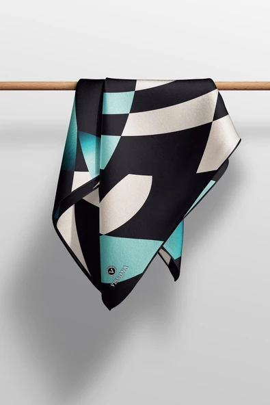 %100 Twill İpek Geometrik Desenli Mint Yeşili Renkli 90x90 Eşarp Dikim Şekli : El Dikişi - Resim 4