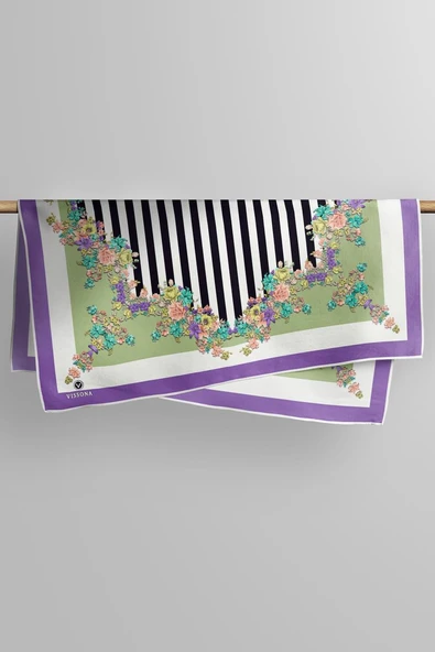 %100 Twill İpek Çıtır Çiçekli Ve Çizgi Desenli Mor - Haki Renkli 90x90 Eşarp Dikim Şekli : El Dikişi - Resim 6