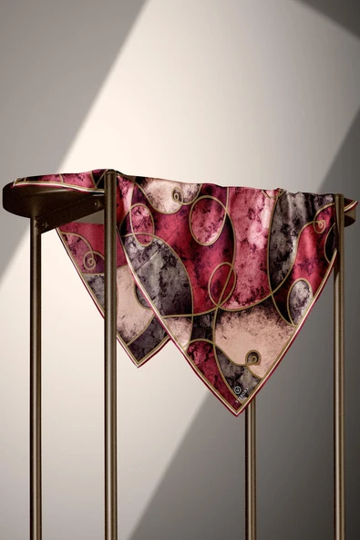 %100 Twill İpek Zincirli Mermer Desenli Bordo - Vizon Renkli 90x90 Eşarp Dikim Şekli : El Dikişi - Resim 4