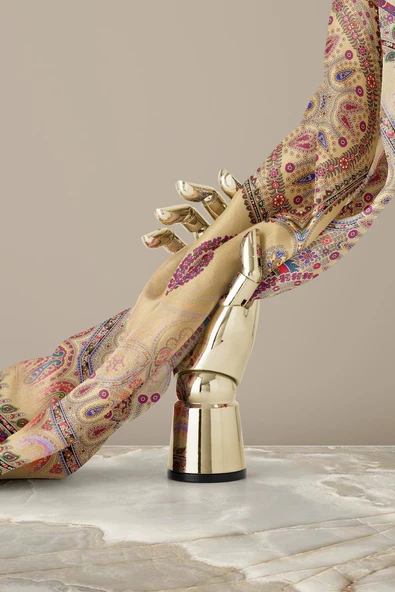 %100 Twill İpek Şal Desenli Bej Renkli 90x90 Eşarp Dikim Şekli : El Dikişi - Resim 6