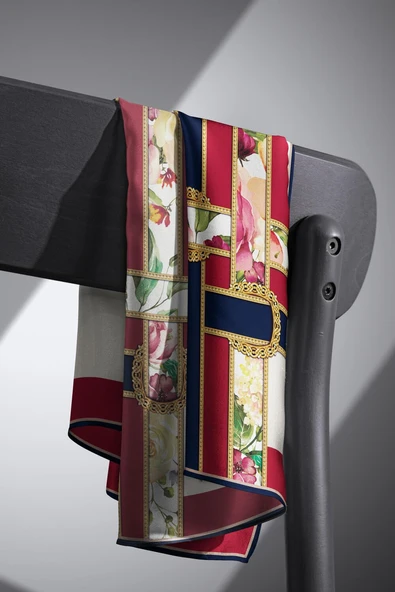 100% Twill İpek Şeritli Çiçek Desenli Bordo - Lacivert Renkli 90x90 Dikim Şekli : El Dikişi Eşarp - Resim 5