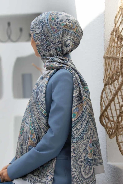 %100 İpek Etro Desenli Gri Renkli 92x210 Şal ürün görseli