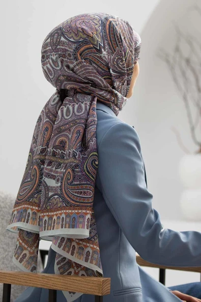 100% İPEK ETRO DESENLİ BEBE MAVİSİ - TABA RENKLİ ŞAL ürün görseli