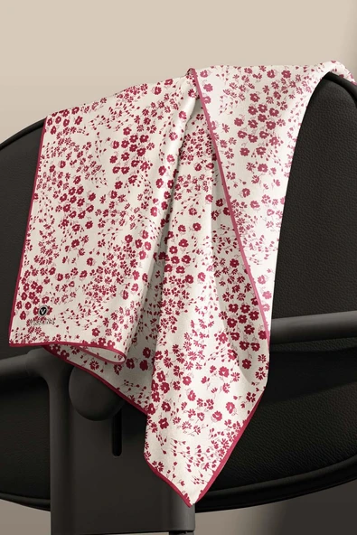 %100 Twill İpek Çıtır Çiçek Desenli Krem - Bordo Renkli 90x90 Eşarp Dikim Şekli : El Dikişi - Resim 6