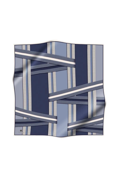%100 Twill İpek Geometrik Desenli İndigo - Krem Renkli 90x90 Eşarp Dikim Şekli : El Dikişi - Resim 2