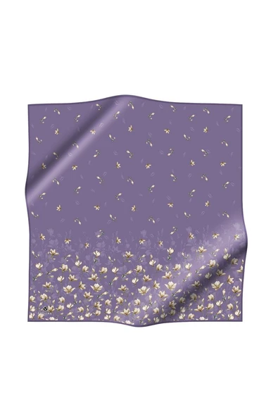 % 57 İPEK % 43 VİSKON Twill İpek Çiçek Desenli Lila Renkli 90x90 Eşarp Dikim Şekli : El Dikişi - Resim 2