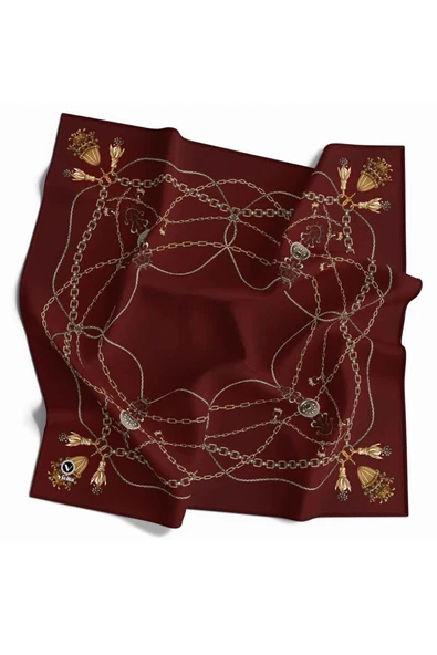 Kristal Geometrik Desenli Bordo Renkli 90x90 Eşarp (İpek İçermez) Kenar Dikiş Şekli El Dikişli ürün görseli