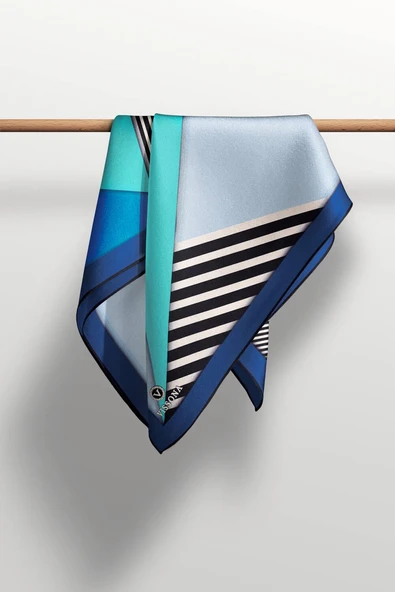 %100 Twill İpek Çizgili ve Geometrik Desenli Saks - Mint Yeşili Renkli 90x90 Eşarp Dikim Şekli : El Dikişi - Resim 4