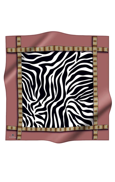 %100 Twill İpek Zebra Desenli Pudra - Gold Renkli 90x90 Eşarp Dikim Şekli : El Dikişi - Resim 2
