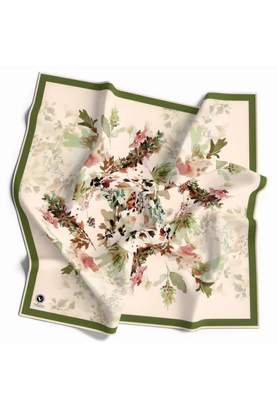 Kristal Sonbahar Yaprak Desenli Haki Renkli 90x90 Eşarp (İpek İçermez) Kenar Dikiş Şekli El Dikişli ürün görseli 1