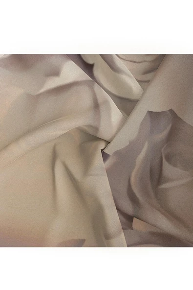 %100 Twill İpek Gül Desenli Bej - Vizon Renkli 90x90 Eşarp Dikim Şekli : El Dikişi - Resim 6