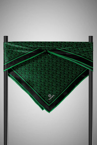 %100 Twill İpek Harf Desenli Siyah - Benetton Yeşili Renkli 90x90 Eşarp Dikim Şekli : El Dikişi - Resim 5