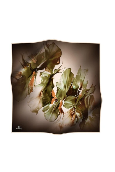 %100 Twill İpek Batik Çiçek Desenli Haki Yeşili - Taba Renkli 90x90 Eşarp Dikim Şekli : El Dikişi - Resim 2