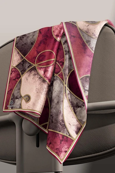 %100 Twill İpek Zincirli Mermer Desenli Bordo - Vizon Renkli 90x90 Eşarp Dikim Şekli : El Dikişi - Resim 3