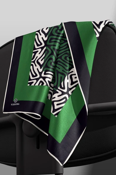 100% Twill İpek Bordürlü Dalga Desenli Siyah - Zümrüt Yeşili Renkli 90x90 Dikim Şekli : El Dikişi Eşarp - Resim 3