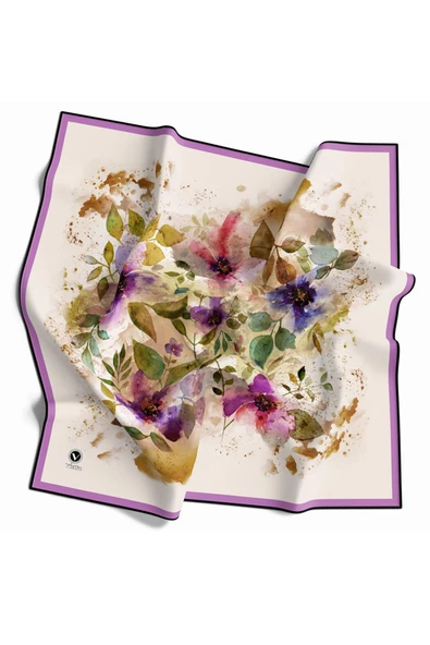 Kristal Çiçek Desenli Krem - Lila Renkli 90x90 Eşarp (İpek İçermez) Dikim Şekli : El Dikişi ürün görseli 1