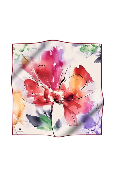 %100 Twill İpek Sulu Boya Çiçek Desenli Kırmızı - Fuşya Renkli 90x90 Eşarp Dikim Şekli : El Dikişi - Resim 2
