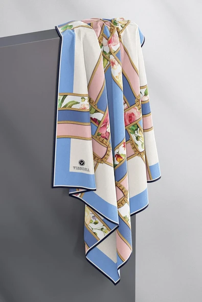 100% Twill İpek Şeritli Çiçek Desenl Bebe Mavisi - Pudra Renkli 90x90 Dikim Şekli : El Dikişi Eşarp - Resim 3