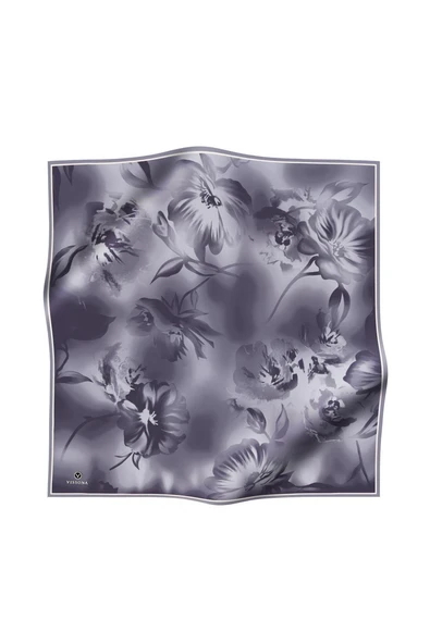 100% Twill İpek Çiçek Desenli Gümüş Renkli 90x90 Dikim Şekli : El Dikişi Eşarp - Resim 2