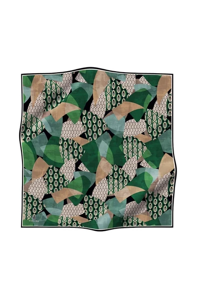 %100 Twill İpek Geometrik Desenli Zümrüt Yeşili - Bej Renkli 90x90 Eşarp Kenar Dikiş Şekli El Dikişli - Resim 2