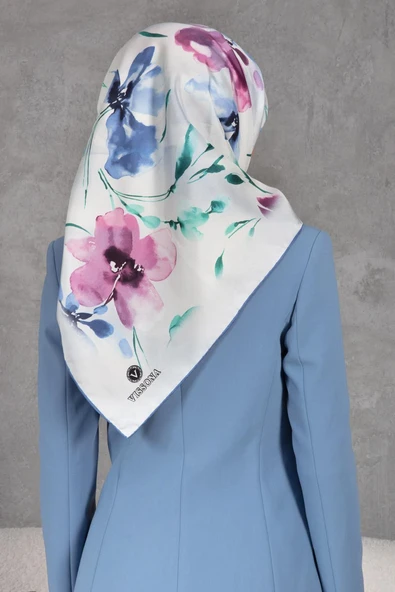 %100 Twill İpek Çiçek Desenli Gül Kurusu - İndigo Renkli 90x90 Dikim Şekli : El Dikişi Eşarp - Resim 5