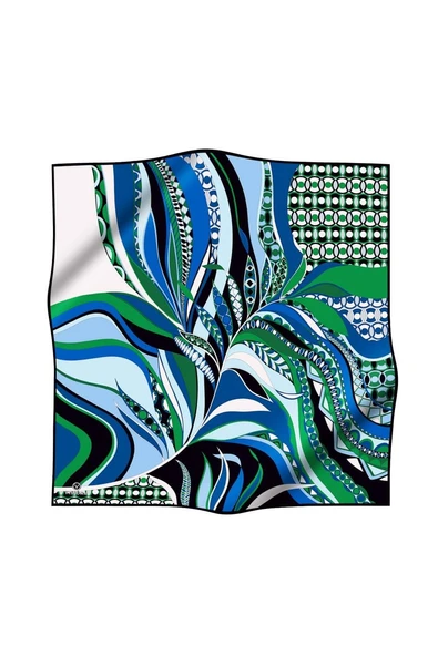 100% Twill Etnik Yaprak Desenli Saks Renkli 90x90 Dikim Şekli : El Dikişi Eşarp - Resim 2