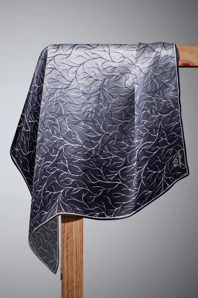 %100 Twill İpek Degrade Desenli Siyah Renkli 90x90 Eşarp Dikim Şekli : El Dikişi - Resim 6