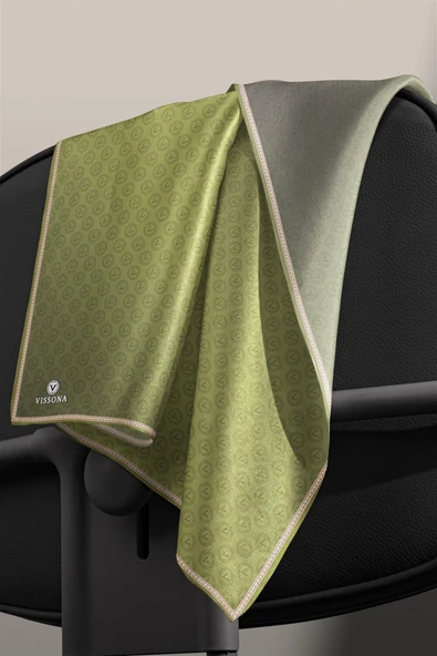 % 57 İPEK % 43 VİSKON Twill İpek Monogram Desenli Haki  Renkli 90x90 Eşarp Dikim Şekli : El Dikişi - Resim 3