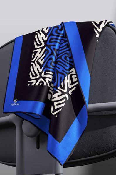 100% Twill İpek Bordürlü Dalga Desenli Siyah - Saks Renkli 90x90 Dikim Şekli : El Dikişi Eşarp - Resim 3