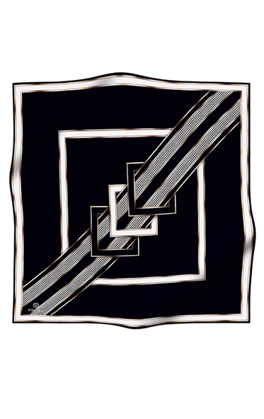 %100 Twill İpek Kareli Kazayaklı Desenli Siyah - Krem Renkli 90x90 Eşarp Kenar Dikiş Şekli El Dikişli - Resim 2