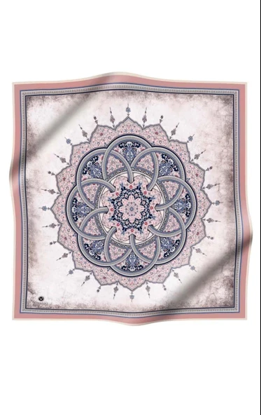%100 Twill İpek Şal Desenli Pudra - Bebe Mavisi Renkli 90x90 Eşarp Dikim Şekli : El Dikişi - Resim 2