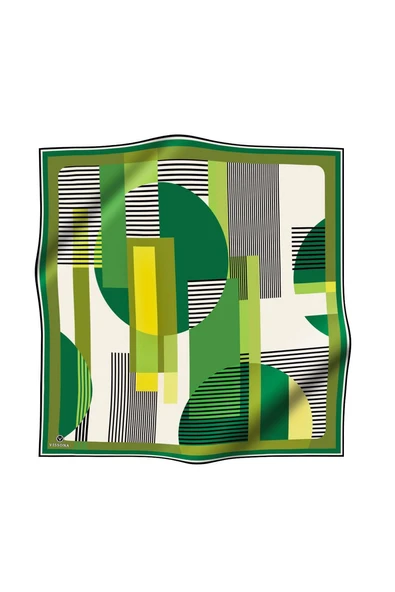 100% Twill İpek Geometrik Desenli Haki - Zümrüt Yeşili Renkli 90x90 Dikim Şekli : El Dikişi Eşarp - Resim 2