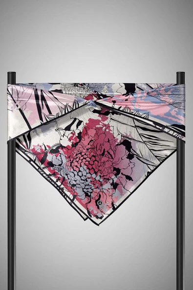 %100 Twill İpek Yaprak Desenli İndigo - Bordo Renkli 90x90 Eşarp Dikim Şekli : El Dikişi - Resim 5