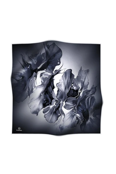 %100 Twill İpek Batik Çiçek Desenli Siyah - Gümüş Renkli 90x90 Eşarp Dikim Şekli : El Dikişi - Resim 2