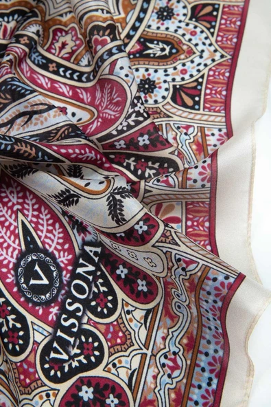 100% İpek Etro Desenli Taş - Bordo Renkli 92x210 Şal - Resim 3