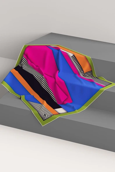 %100 Twill Renk Bloklu Çizgili Desenli Fuşya - Saks Renkli 90x90 Eşarp Dikim Şekli: El Dikişii - Resim 6