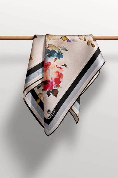 %100 Twill İpek Bahar Çiçekleri Desenli Siyah - Haki Renkli 90x90 Eşarp Dikim Şekli : El Dikişi - Resim 5