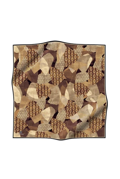 %100 Twill İpek Geometrik Desenli Gül Kurusu - Vizon Renkli 90x90 Eşarp Eşarp Kenar Dikiş Şekli El Dikişli - Resim 2