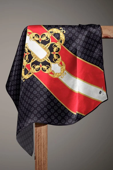%100 Twill İpek Monogram Ve Barok Desenli Siyah - Kırmızı Renkli 90x90 Eşarp Dikim Şekli : El Dikişi - Resim 4