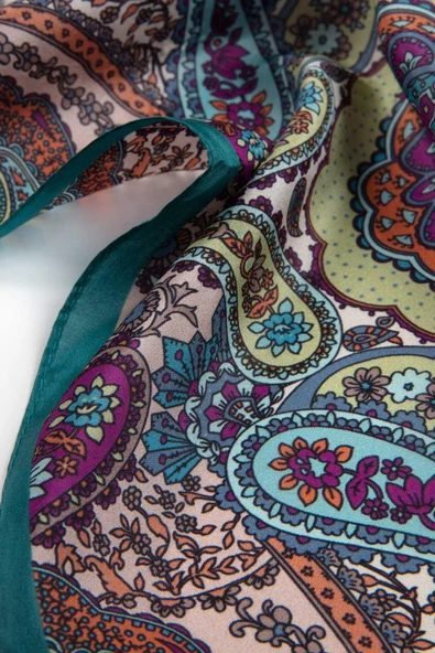 100% İpek Etro Desenli Petrol Yeşili Renkli 92x210 Şal - Resim 4