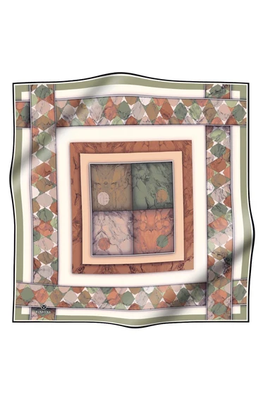 %100 Twill İpek Mermer Efektrli Geometrik Desenli Haki - Bakır Renkli 90x90 Eşarp Dikim Şekli : El Dikişi - Resim 2