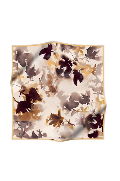 %100 Twill İpek Yaprak Desenli Bej - Hardal Renkli 90x90 Eşarp Dikim Şekli : El Dikişi - Resim 6