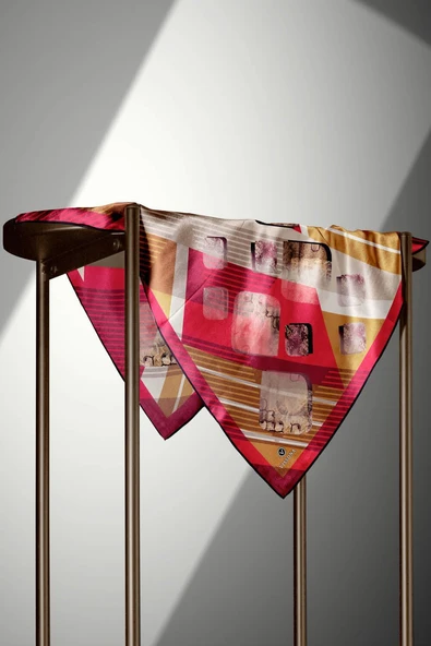 %100 Twill İpek Geometrik Desenli Bordo Renkli 90x90 Eşarp Dikim Şekli : El Dikişi - Resim 5