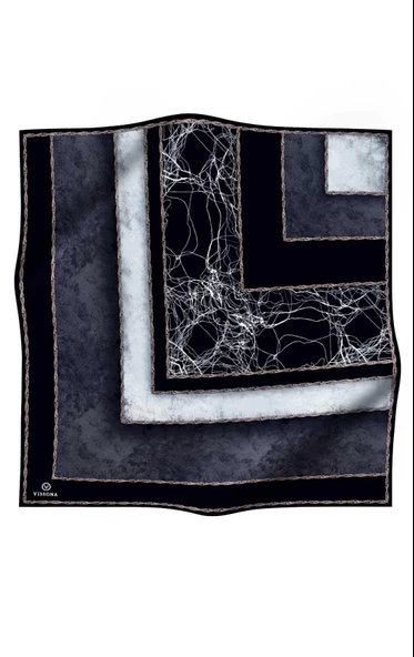 % 57 İPEK % 43 VİSKON Twill İpek Dokulu Geometrik Desenli Siyah - Krem Renkli 90x90 Eşarp Dikim Şekli : El Dikişi - Resim 2