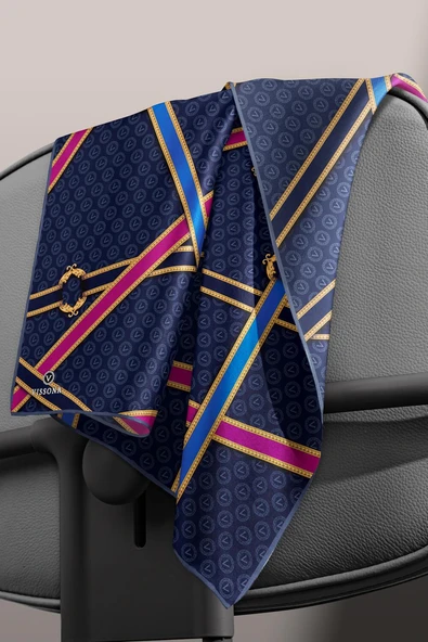 %100 Twill İpek Kemerli Ve Monogram Desenli Lacivert - Fuşya Renkli 90x90 Eşarp Dikim Şekli : El Dikişi - Resim 3